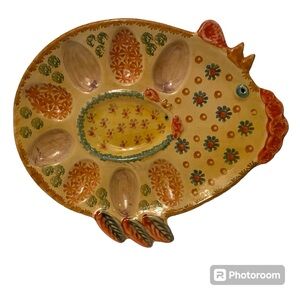 ITALY TRAY SERVEWARE EGG DISH CHICKEN YELLOW ORANGE HAND-PAINTED HOME DINING